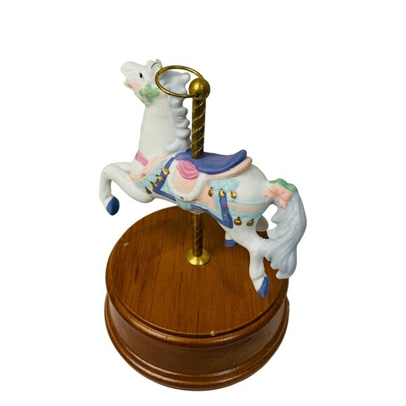 Vintage Ceramic Carousel Horse Figurine On Wooden Base 5 1/2" Music Box  Up e Po - Picture 5 of 10